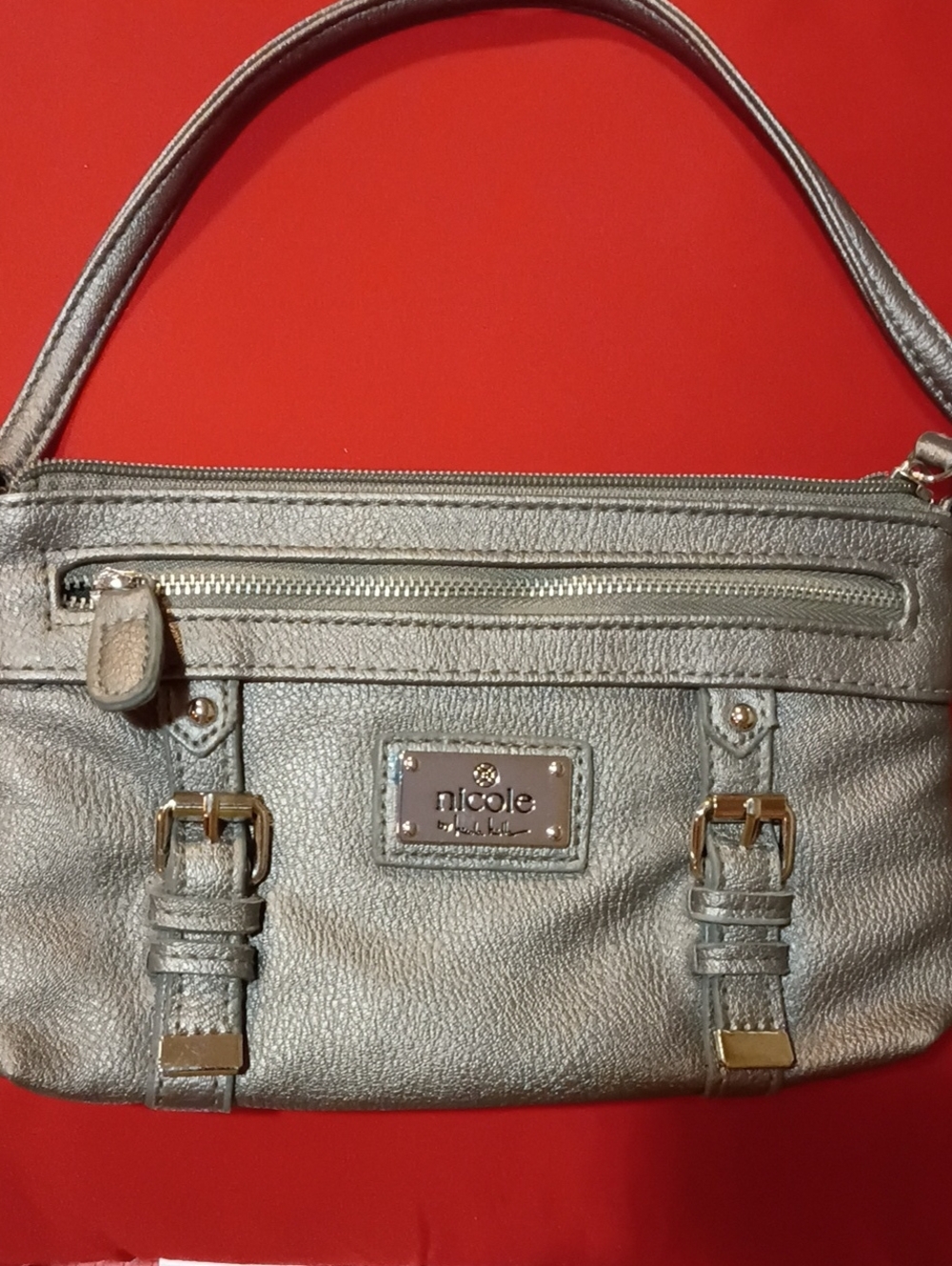 Nicole Miller Silver Metallic Shoulder Bag with Front Buckles
